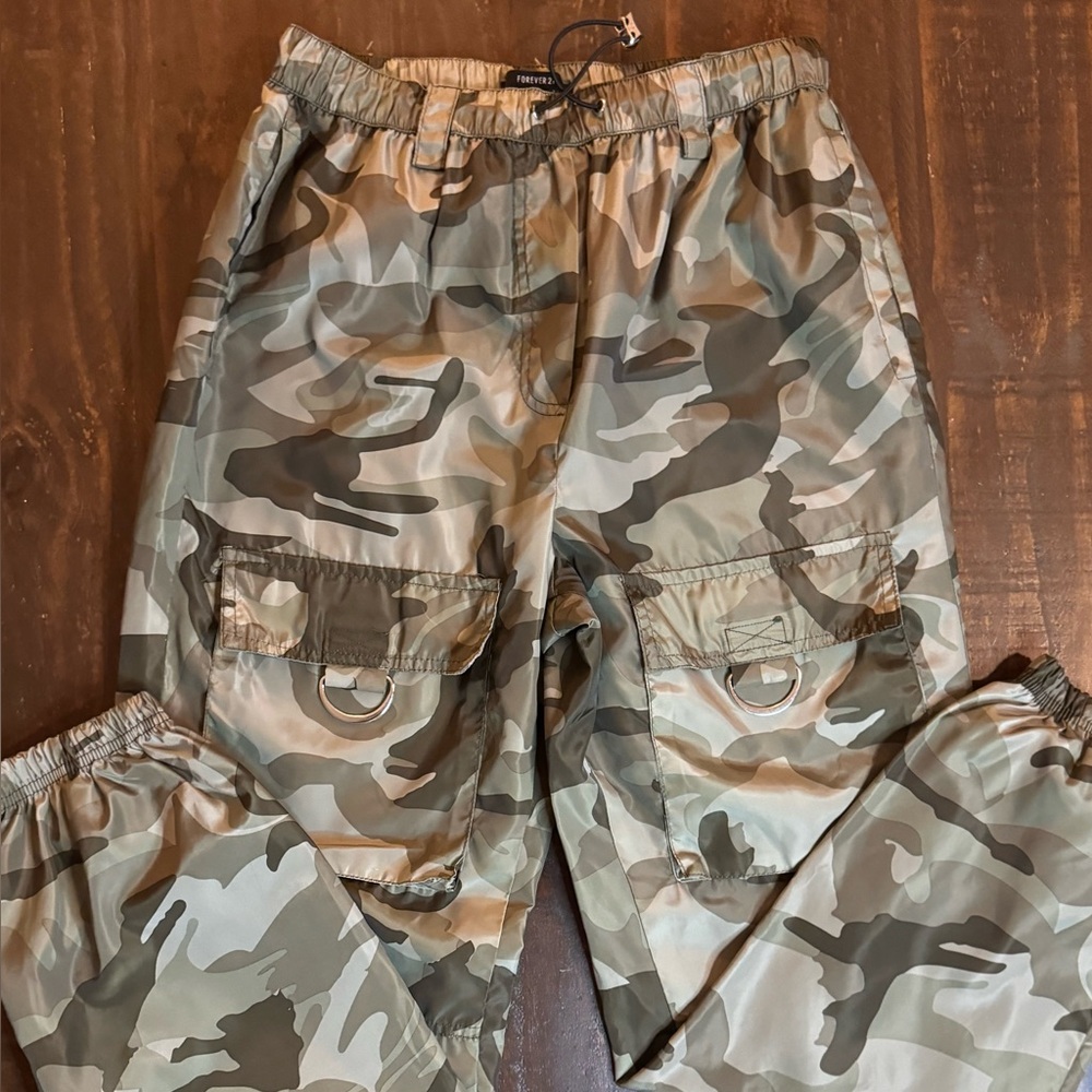 Forever 21 Women’s Camouflage Joggers Satin-Like Track Pants- Green and Brown